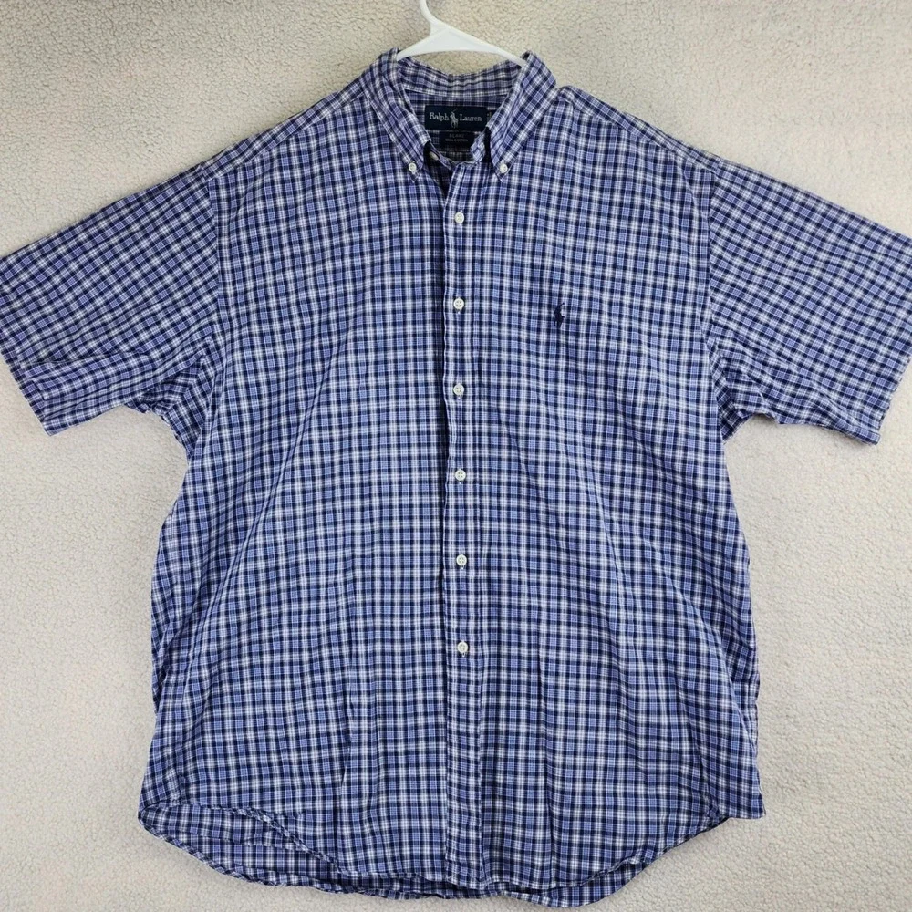 Ralph Lauren Blake Button Down Shirt Mens L Blue White Plaid Short Sleeve Preppy